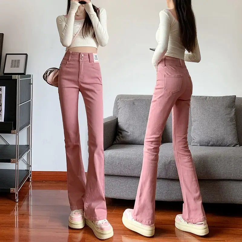 Women's Summer High-Waist Flare Pants – Slim Fit, Elastic, Solid Color with Button, Zipper, and Pockets.