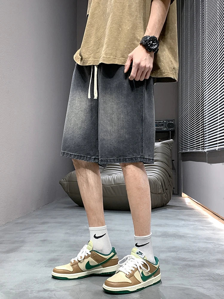 Summer Denim Shorts Men Korean Fashion Washed Cotton Baggy Drawstring Casual Shorts