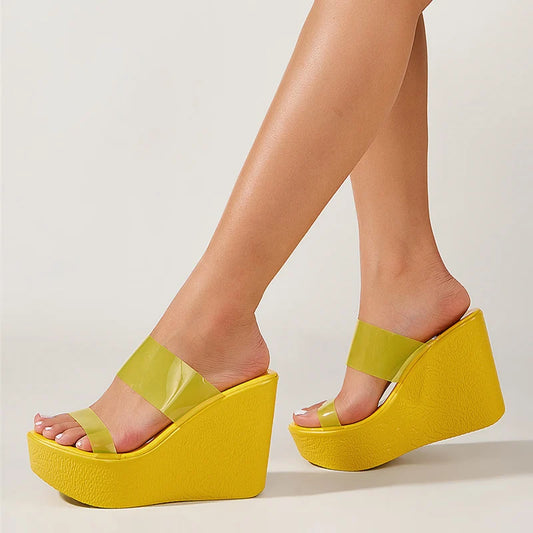 Fashionable Yellow Wedge Shoes – High Heel Open Toe Transparent Slides