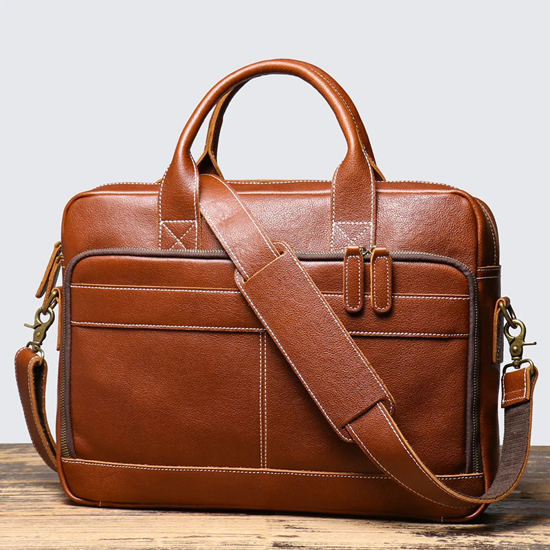 Leathfocus Vintage Cowhide Briefcase – 14" Laptop Bag & Crossbody Shoulder Bag