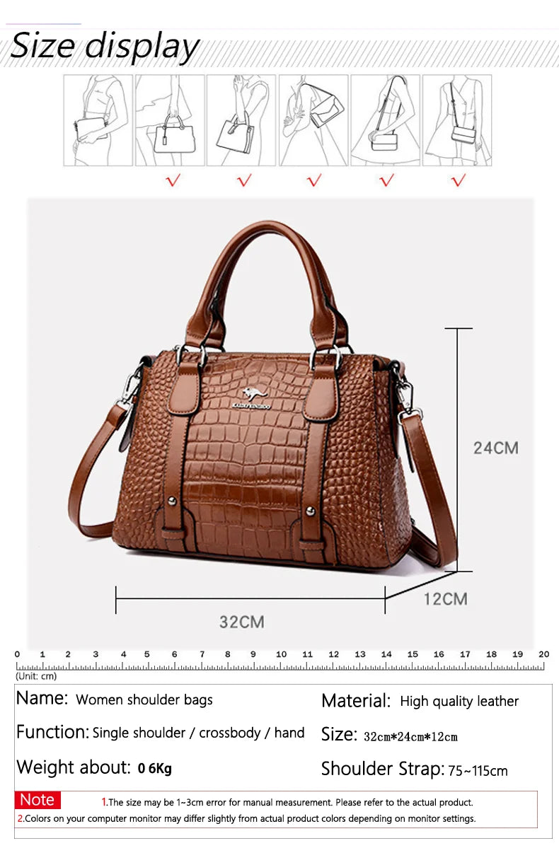 Luxury Genuine Leather Handbag - Women's Crocodile Pattern Shoulder & Crossbody Bag, Large Capacity Casual Tote