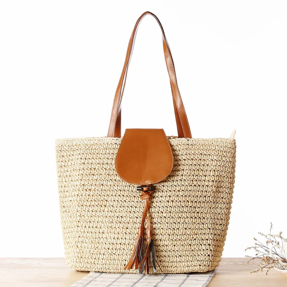 Summer Straw Woven Beach Bag Rattan Ladies Purses Handbag Wrist Pack Women Handle Female Bucket Tote Bags Knit Travel Bags