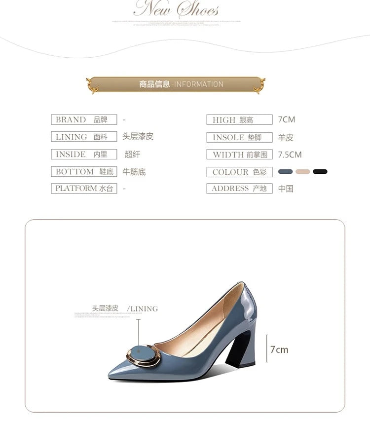 Pointed High Heels - Women's Thick Patent Leather Shoes with Square Buckle, Soft Leather, Middle Heel
