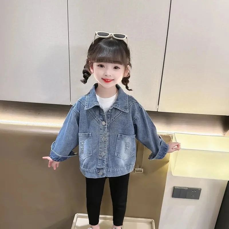 Girls' Denim Jacket – Embroidered Cartoon Rabbit Coat for Kids (Ages 2-7), Autumn Casual Outerwear