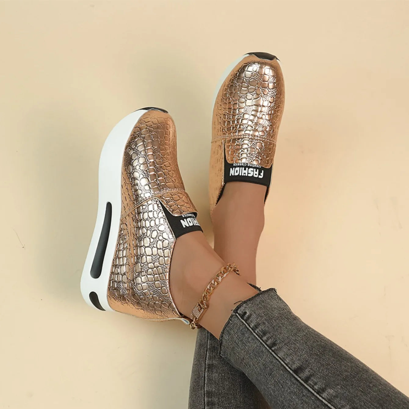 Women's Gold & Silver Patent Leather Platform Sneakers