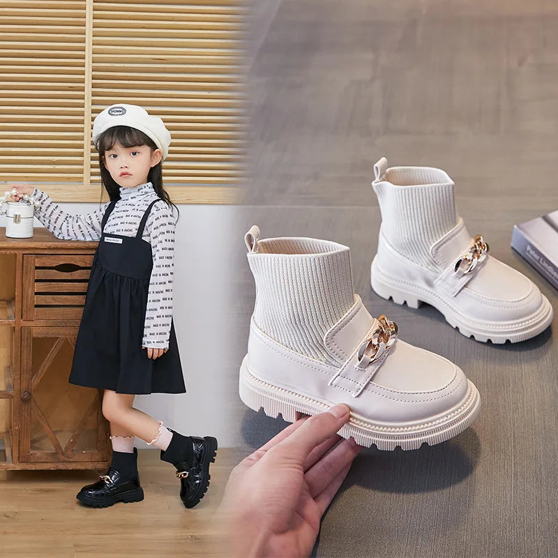 Girls' Leather Princess Boots with Metal Chains & Woven Stitching