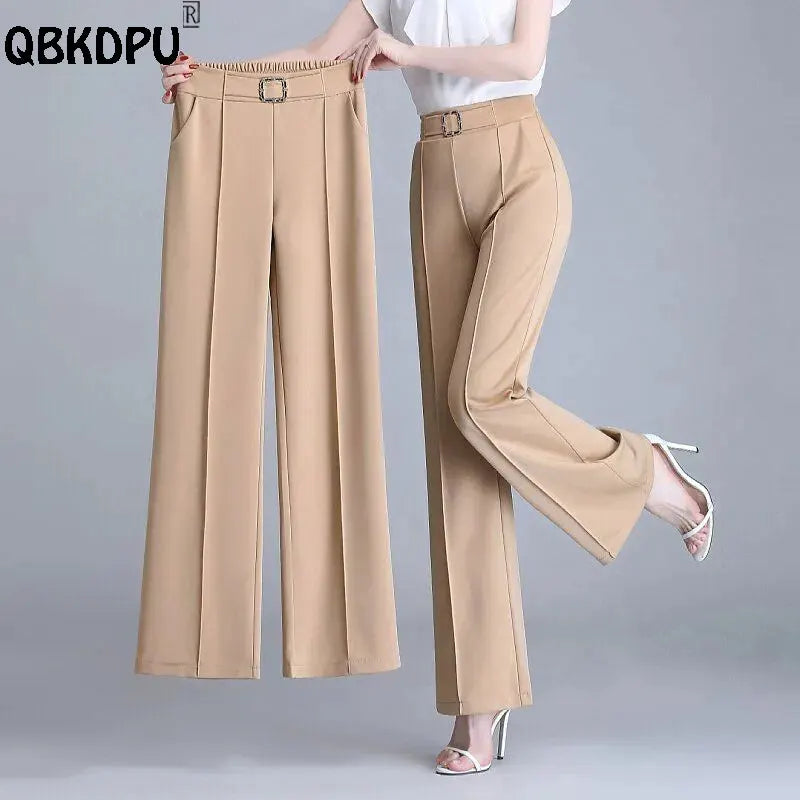 Khaki High-Waist Ice Silk Wide-Leg Trousers - Summer Design, Elegant Elastic Waist Baggy Pants for Women
