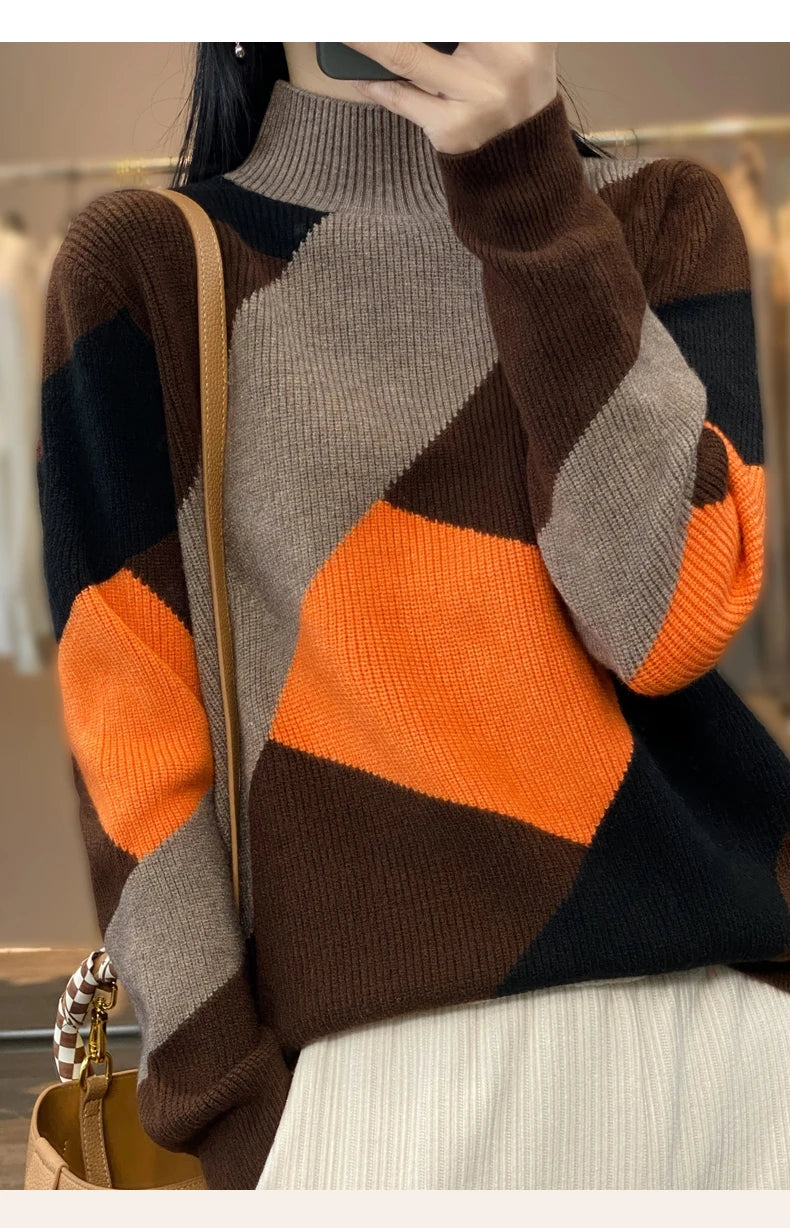 Autumn/Winter Women's Cashmere Patchwork Pullover Sweater