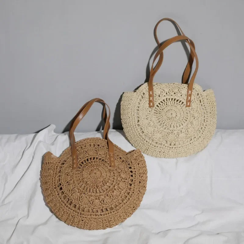 Vintage Round Straw Beach Bag – Handmade Rattan Shoulder Bag, Bohemian Summer Casual Style