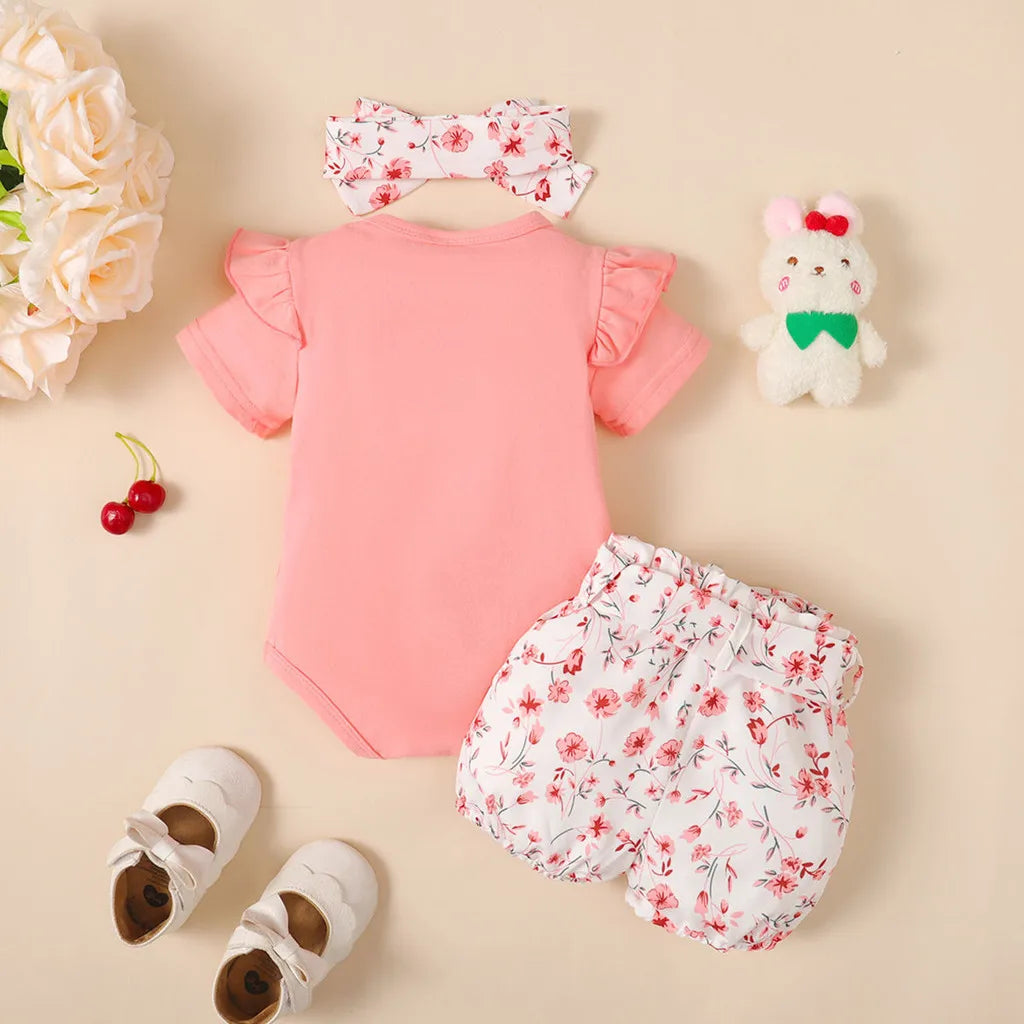 3-Piece Baby Girl Outfit: Rabbit Bodysuit, Shorts & Headband