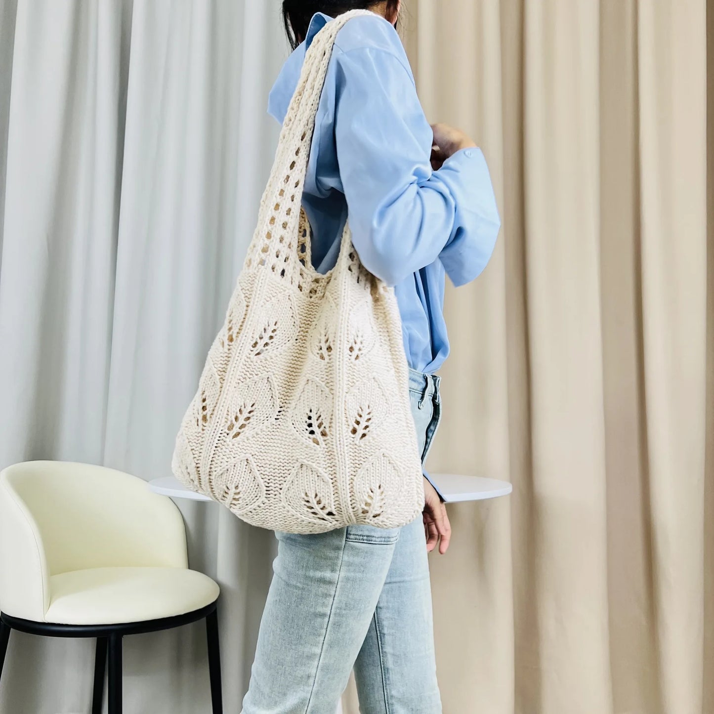 Knitted Beach Tote - Lightweight Woven Handbag for Women and Girls, Casual Shoulder Bag
