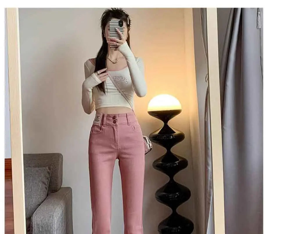 Women's Summer High-Waist Flare Pants – Slim Fit, Elastic, Solid Color with Button, Zipper, and Pockets.