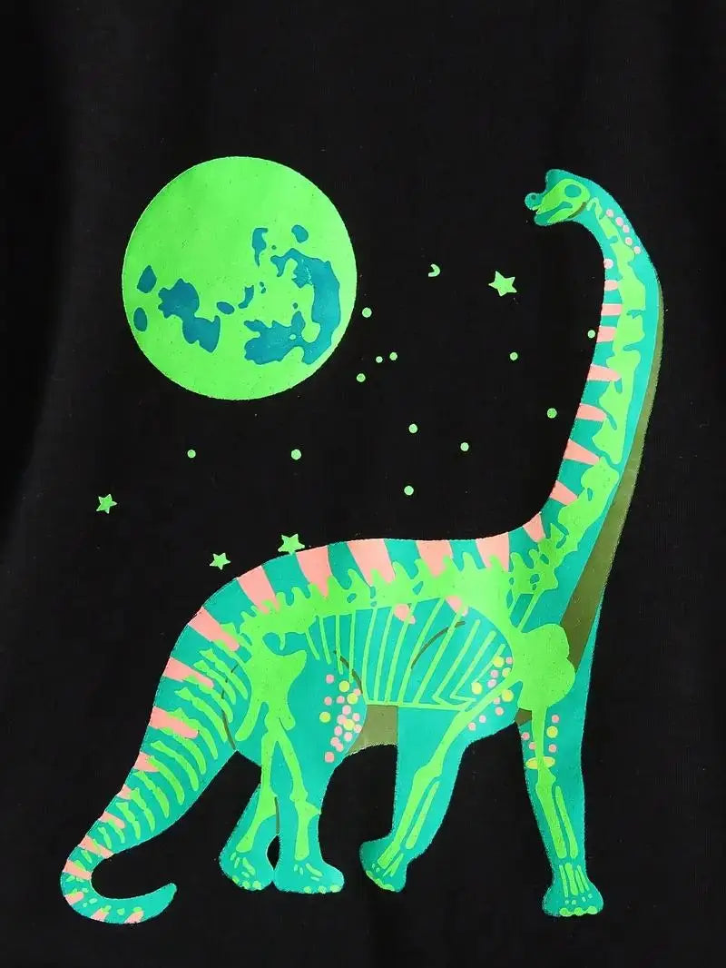 Cartoon Dinosaur & Planet Print Boy's Casual T-Shirt