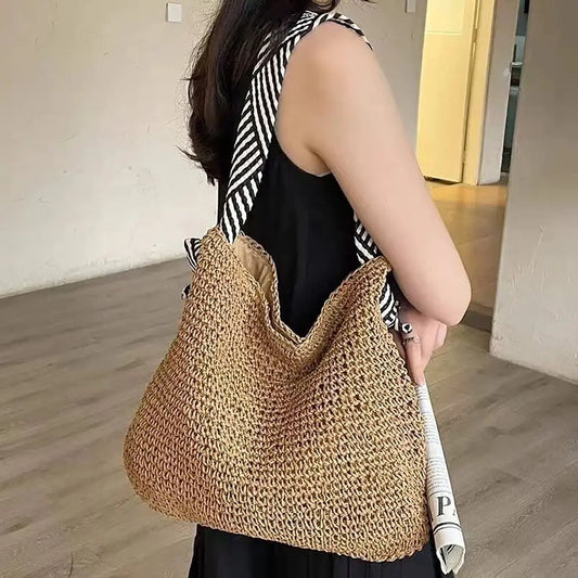 Straw Woven Beach Bag Large Capacity Knot Shoulder Tote