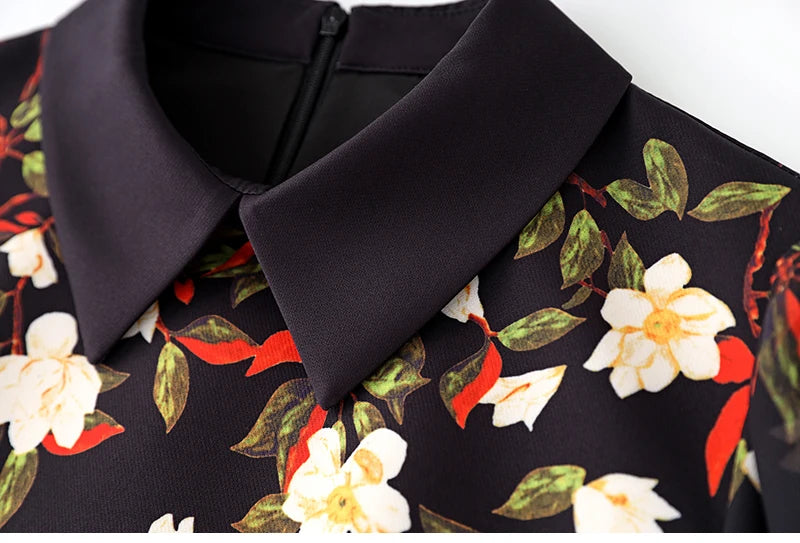 Women's Black Floral Print A-Line Dress - Autumn 2024 Elegant Chiffon Long Sleeve
