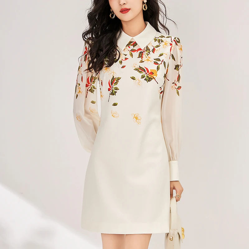 Women's Black Floral Print A-Line Dress - Autumn 2024 Elegant Chiffon Long Sleeve