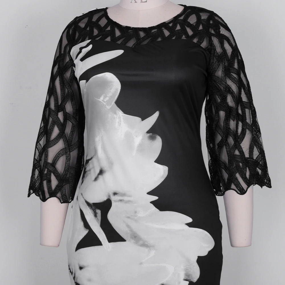 Women's Summer Floral Print Dress – Elegant Mesh Sleeve, Casual Birthday/Party Dress, 3XL/4XL