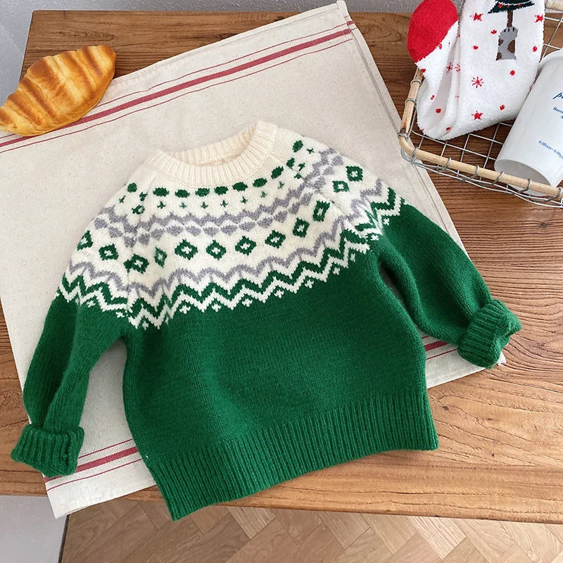 Winter Baby Christmas Sweater – Kids' Jacquard Knit Pullover or Toddler Cardigan