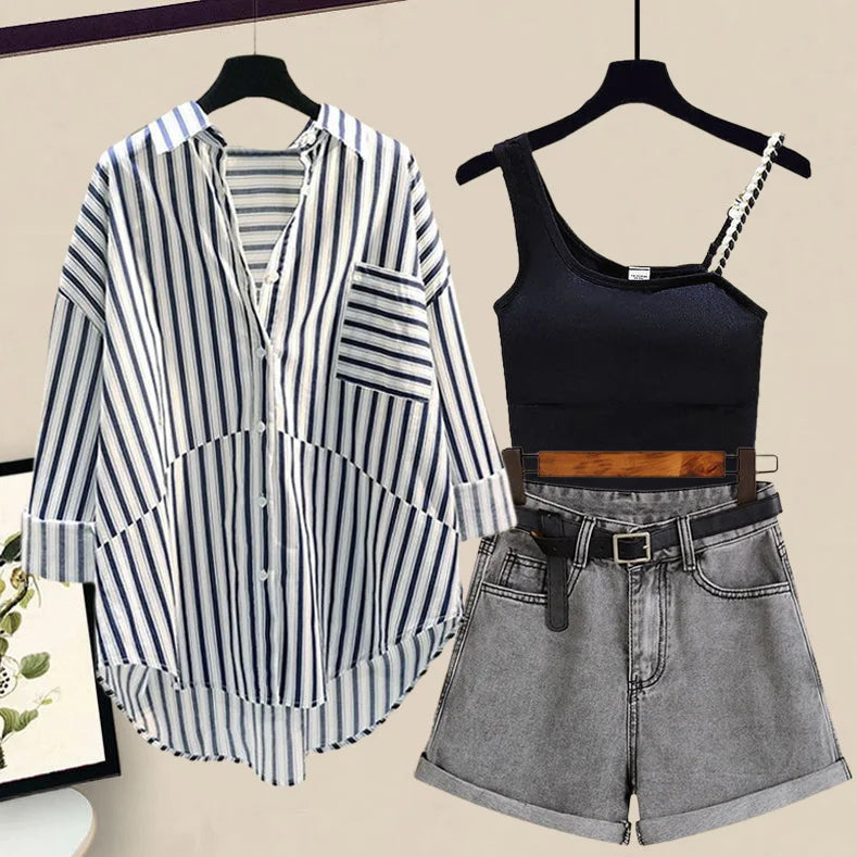 Striped Sunscreen Shirt & Denim Shorts 3-Piece Set - Spring/Summer Women's Fashion