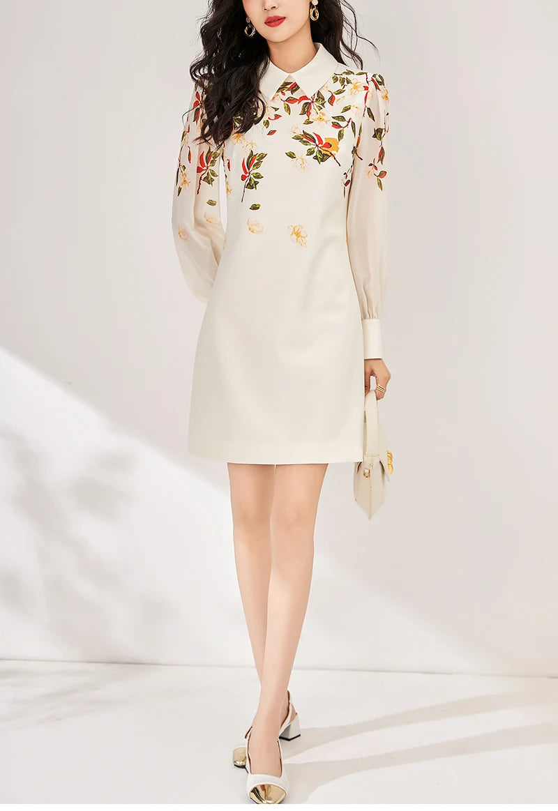 Women's Black Floral Print A-Line Dress - Autumn 2024 Elegant Chiffon Long Sleeve