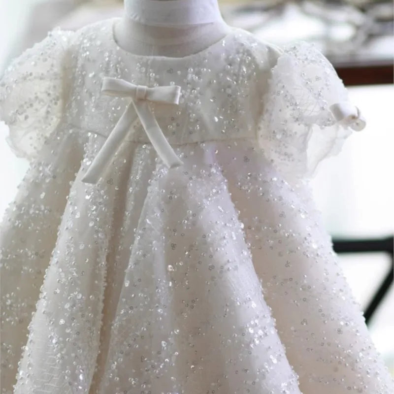 Baby Girl Princess Sequins Tulle Dress – Puff Sleeve Party Dress with Bow for Infants and Toddlers (1-7 Years)