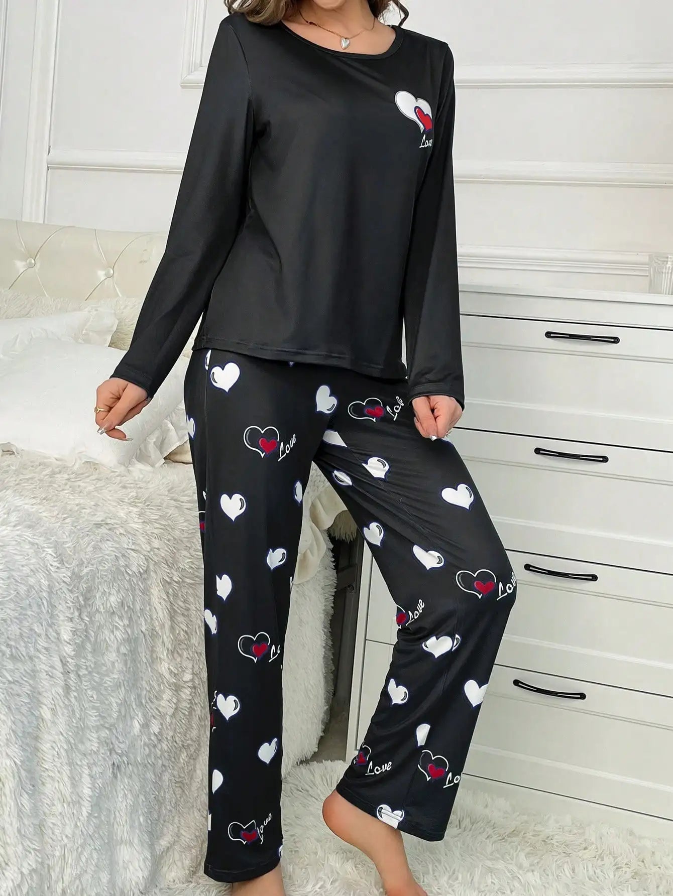 Autumn Winter Heart Print Pajamas for Women - Milk Silk Sleepwear