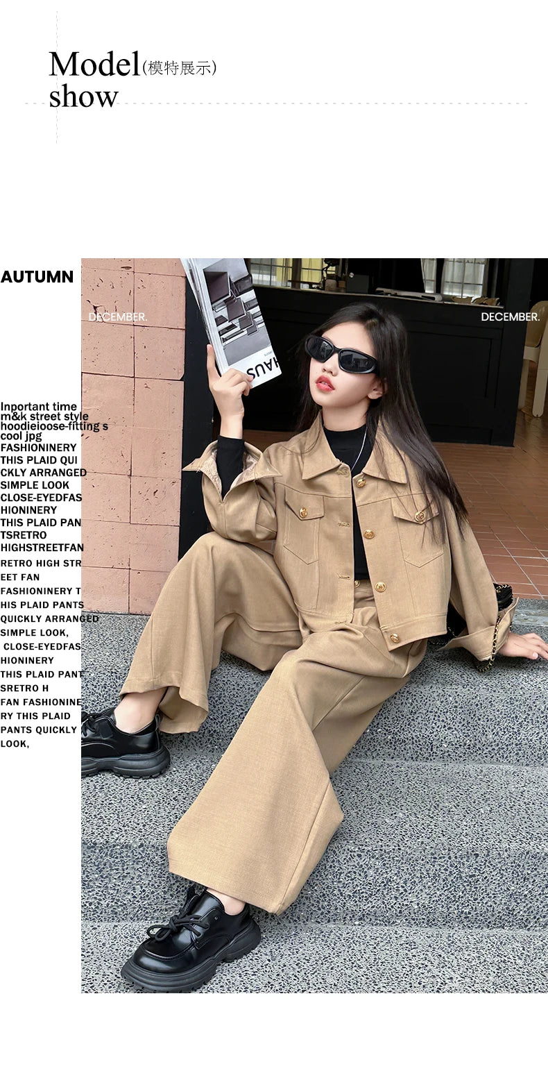 Autumn Girls' 2-Piece Set: Short Jacket & Wide Leg Pants for School