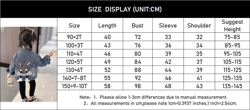Girls' Denim Jacket – Embroidered Cartoon Rabbit Coat for Kids (Ages 2-7), Autumn Casual Outerwear