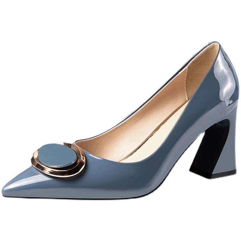 Pointed High Heels - Women's Thick Patent Leather Shoes with Square Buckle, Soft Leather, Middle Heel
