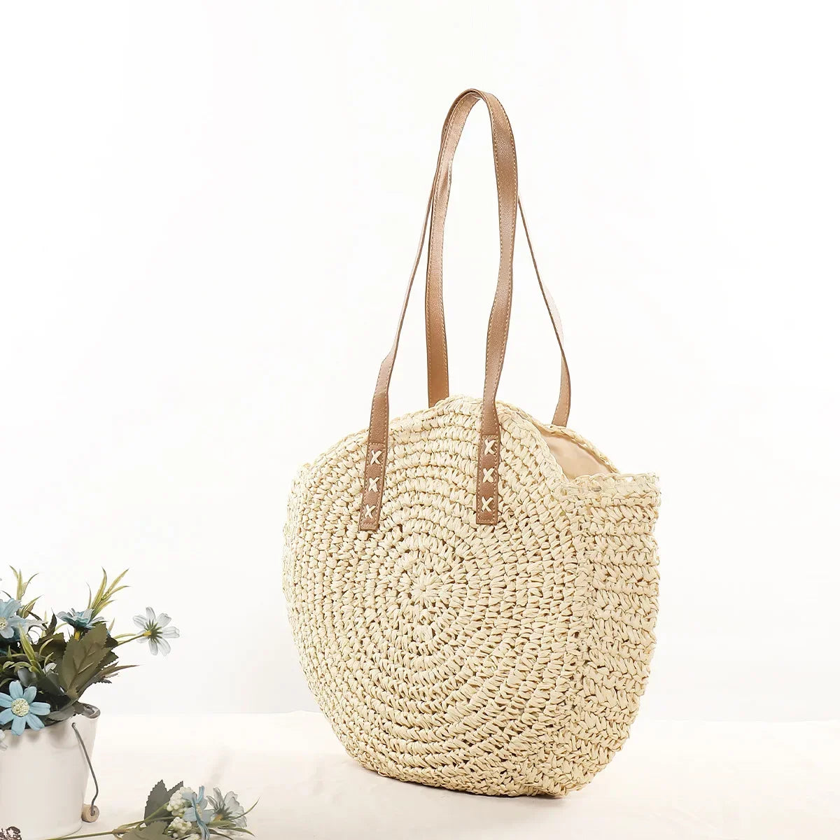 Vintage Round Straw Beach Bag – Handmade Rattan Shoulder Bag, Bohemian Summer Casual Style