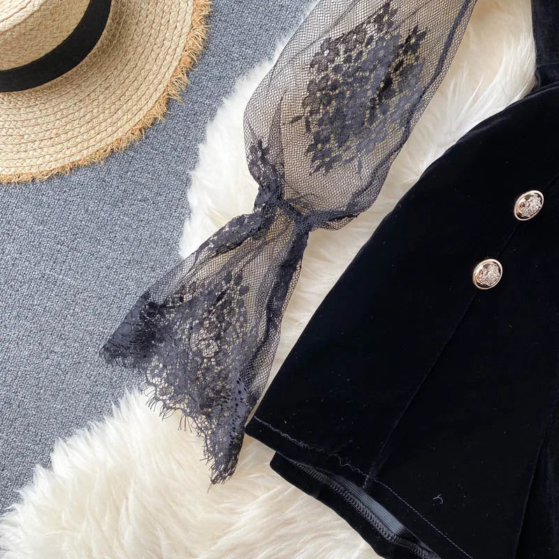Puff Sleeve Lace Double Breasted Boho Jumpsuit for Women