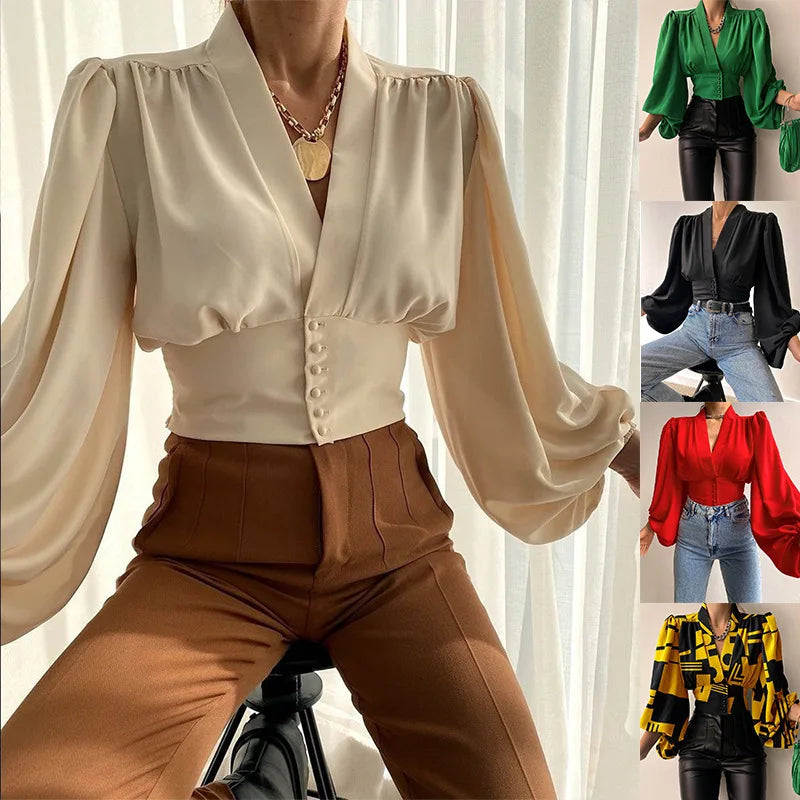 Women’s V-Neck Lantern Sleeve Printed Shirt - 2024 latest collection