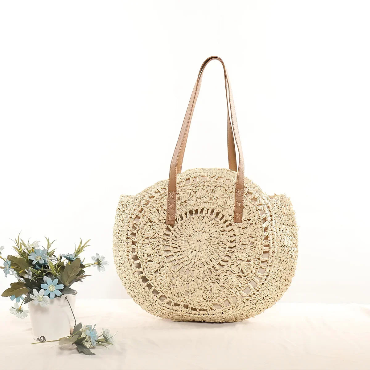 Vintage Round Straw Beach Bag – Handmade Rattan Shoulder Bag, Bohemian Summer Casual Style