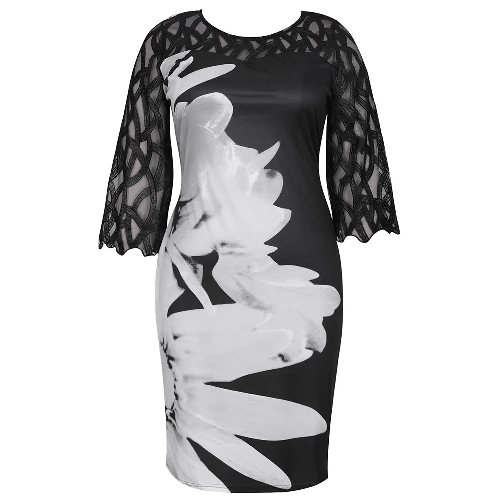 Women's Summer Floral Print Dress – Elegant Mesh Sleeve, Casual Birthday/Party Dress, 3XL/4XL