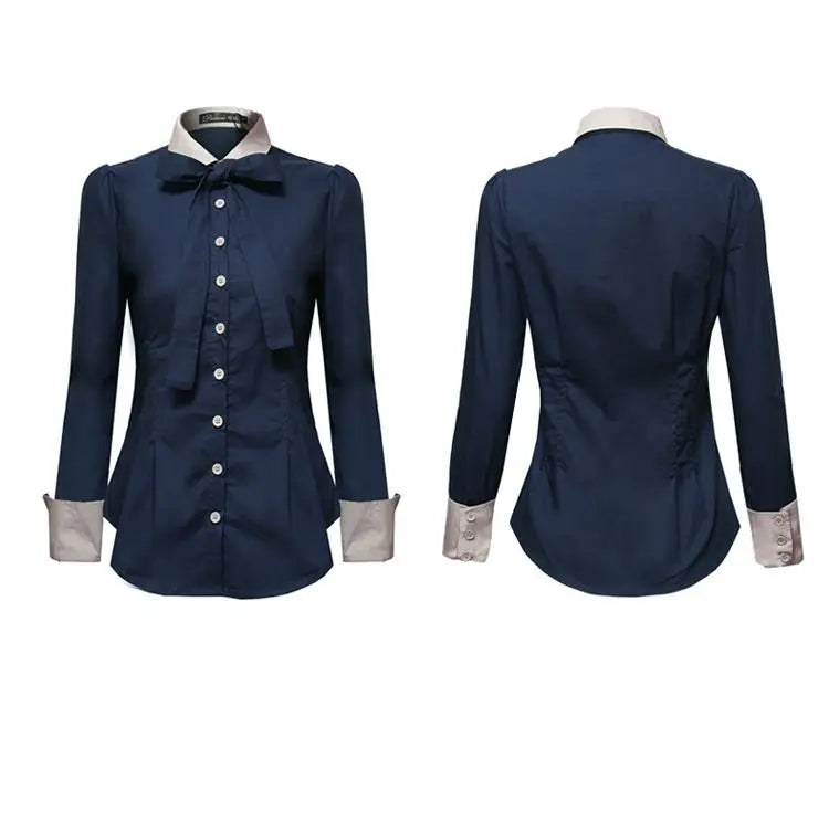 Spring Women's Patchwork Shirt – Long Sleeve Slim Fit Polo Blouse