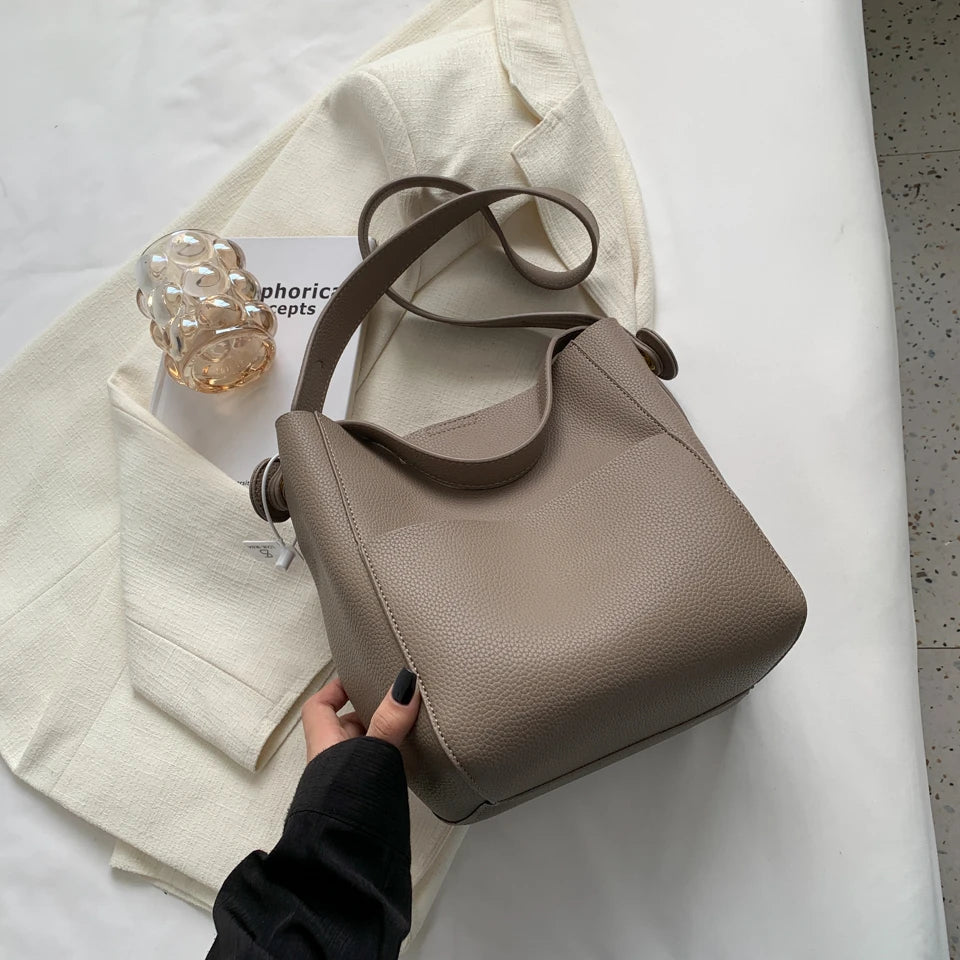 Wide Strap Leather Handbag - Women's Soft Casual Bucket Tote, Large Capacity & Multi-Function