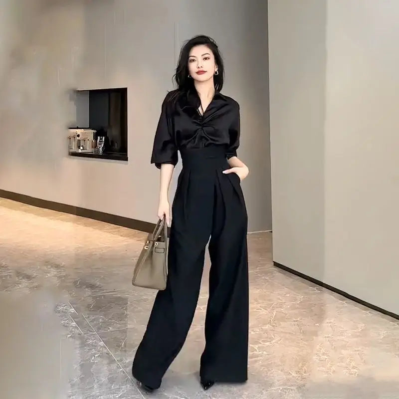 Women's Black Wide-Leg Pants, High-Waisted, Loose, Casual Straight Trousers