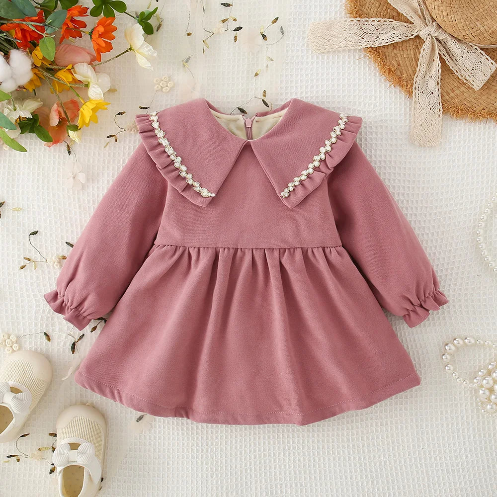 Baby Girl Long Sleeve Dress - Autumn Red Cotton Dress
