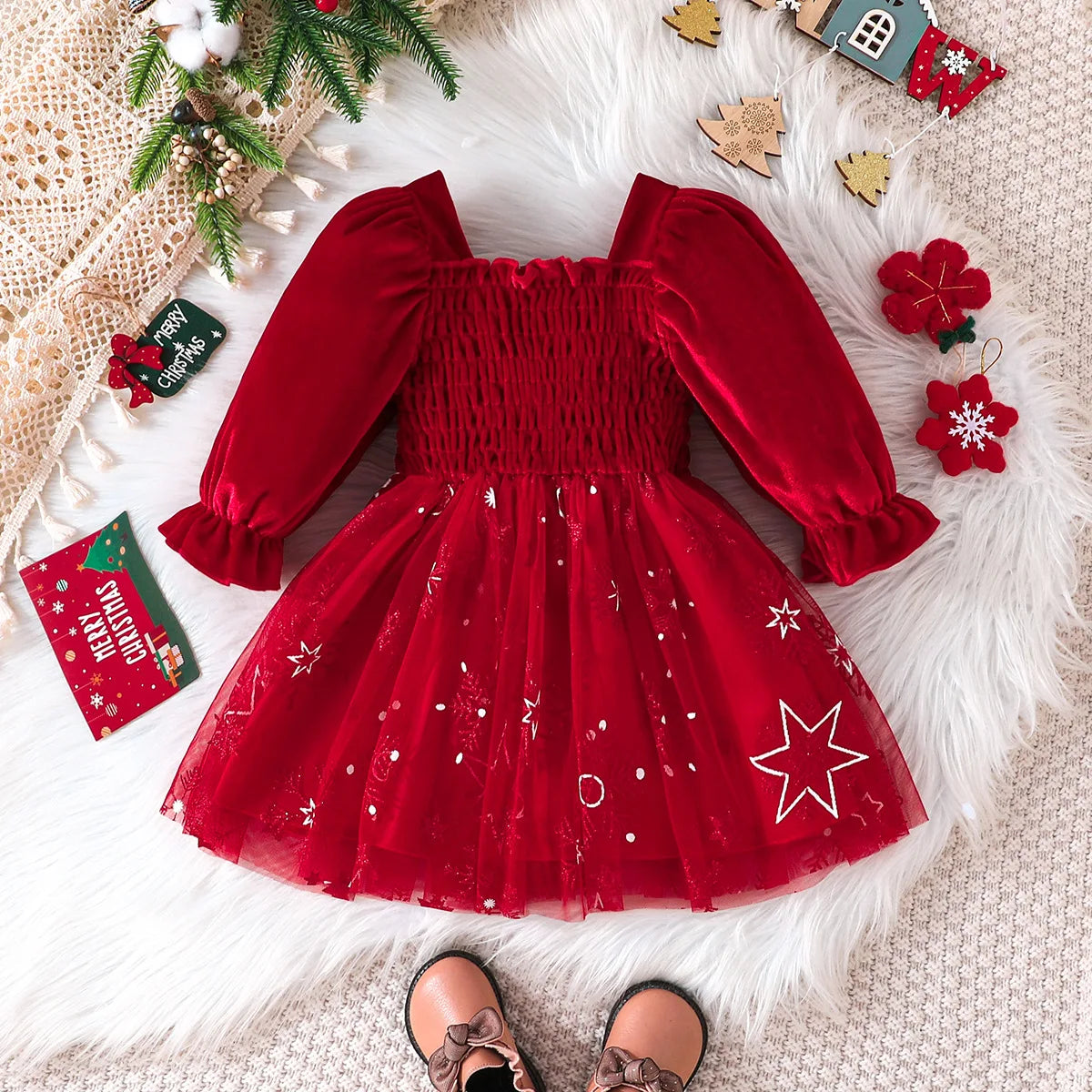 New Autumn/Winter Christmas Dress – Bubble Sleeve Splicing Mesh Dress for Girls