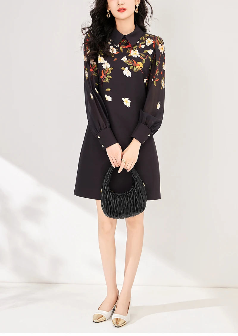 Women's Black Floral Print A-Line Dress - Autumn 2024 Elegant Chiffon Long Sleeve