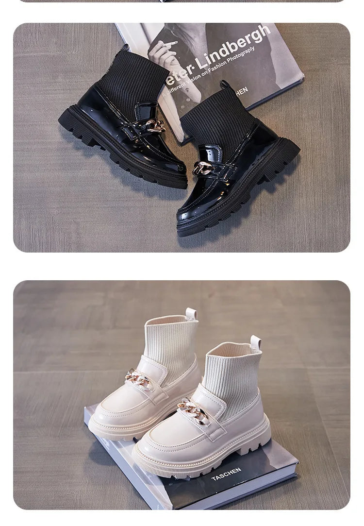 Girls' Leather Princess Boots with Metal Chains & Woven Stitching