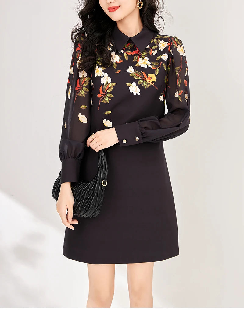 Women's Black Floral Print A-Line Dress - Autumn 2024 Elegant Chiffon Long Sleeve