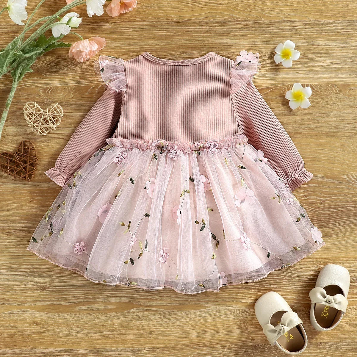 Baby Girl Pink Floral Embroidered Mesh Dress - Long Sleeve Bowknot