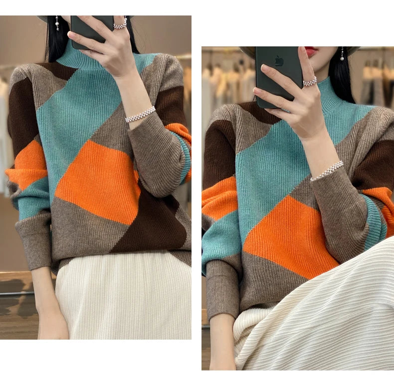 Autumn/Winter Women's Cashmere Patchwork Pullover Sweater