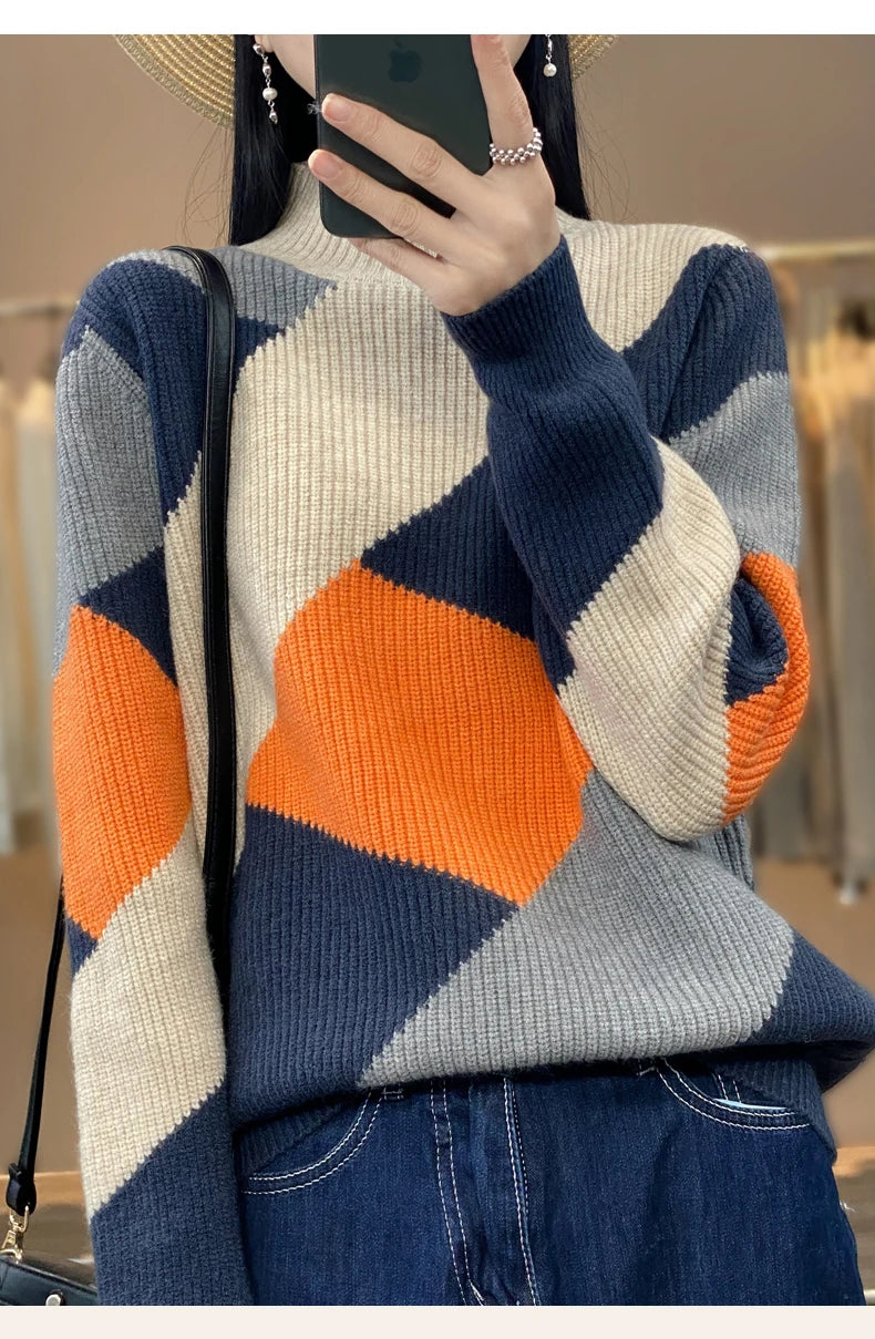Autumn/Winter Women's Cashmere Patchwork Pullover Sweater