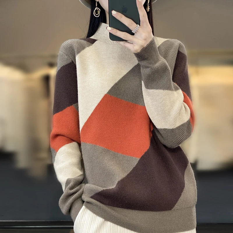 Autumn/Winter Women's Cashmere Patchwork Pullover Sweater