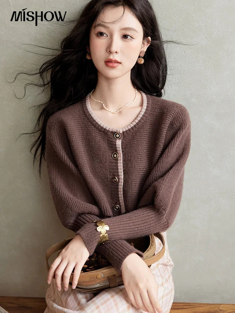 French Vintage Plaid Dress & Knit Cardigan Set for Women