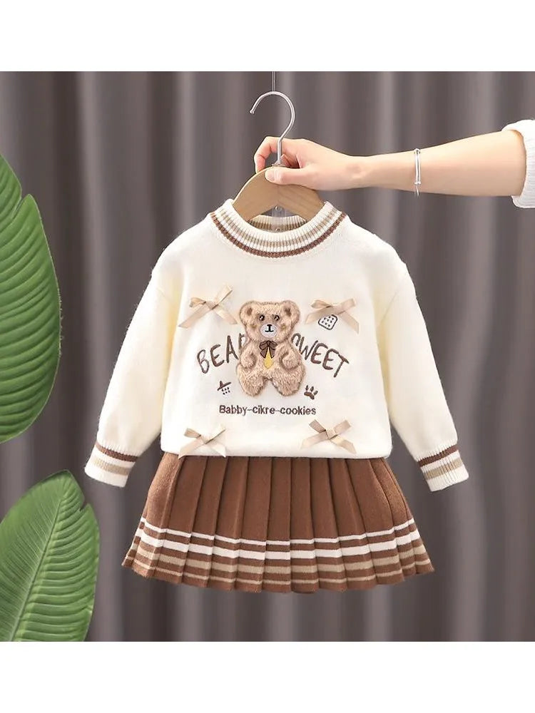 Autumn/Winter Girls' 2-Piece Set – Letter Bear Sweater and Striped Pleated Skirt
