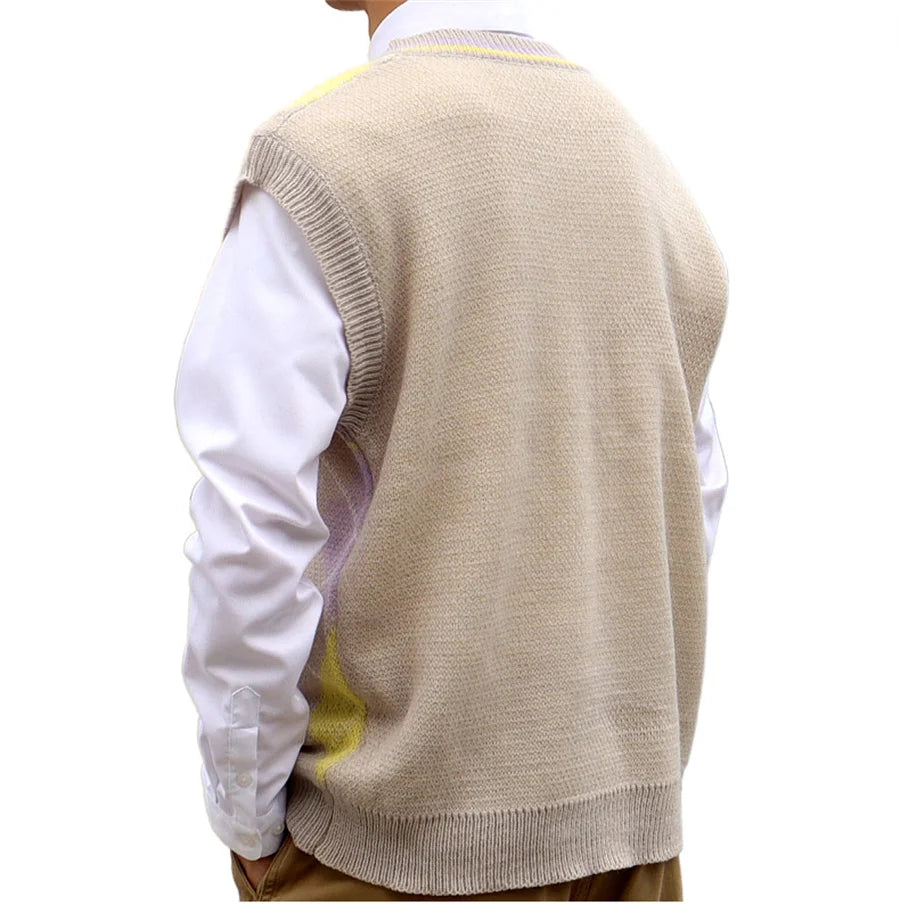 New Men's V-neck Knitted Vest Rhombus Plaid Pullovers Waistcoat for Man Korean Style Spring Autumn Thin Sleeveless Sweater