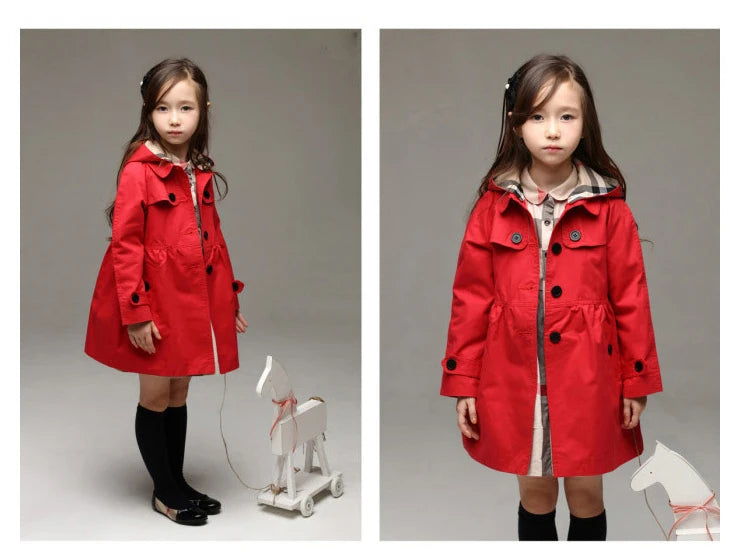 Girls' Hooded Windbreaker – Long Style, Red, Spring/Autumn Sweatshirt Jacket